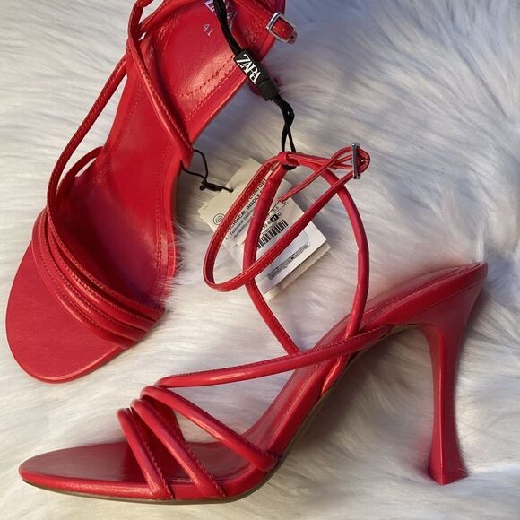 Zara High Heeled Red Strap Faux Leather Sandals Shoes Size 10 - Picture 11 of 11